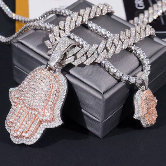 Two Tone Rose Gold & 925 Silver Hamsa Moissanite Pendant - Iced Out