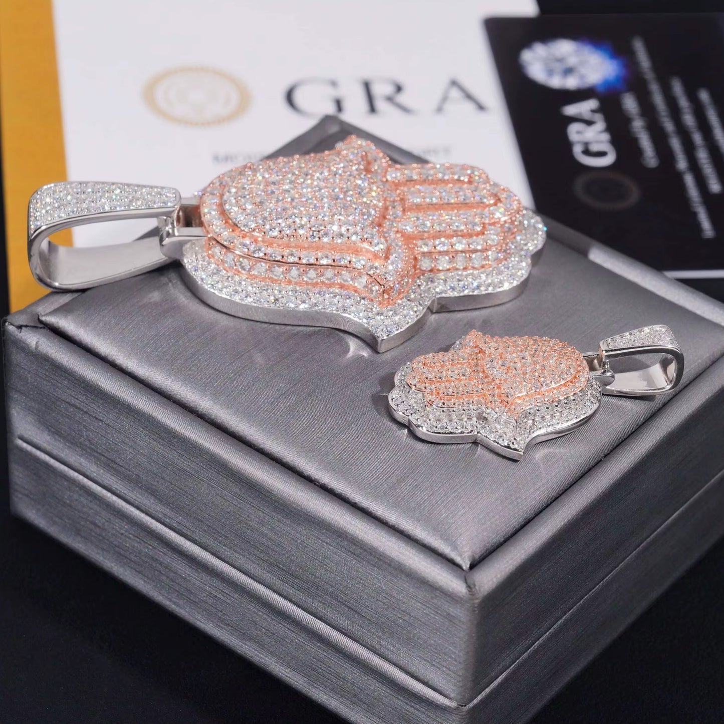Two Tone Rose Gold & 925 Silver Hamsa Moissanite Pendant - Iced Out