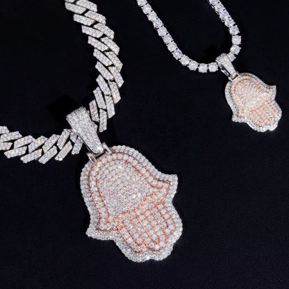 Two Tone Rose Gold & 925 Silver Hamsa Moissanite Pendant - Iced Out