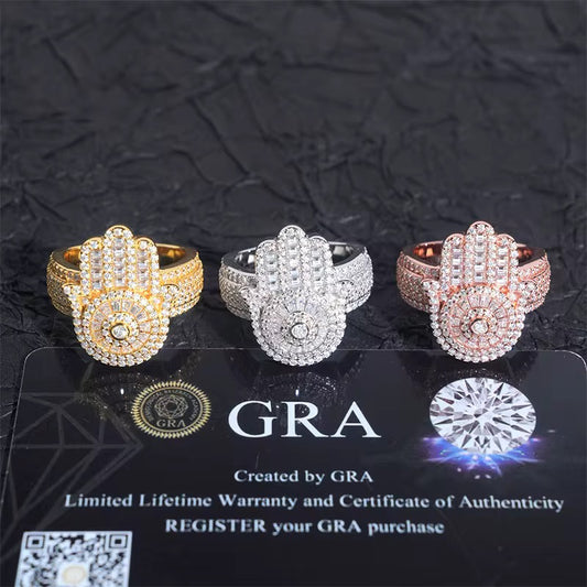 925 Sterling Silver Iced Out Hamsa Moissanite Ring