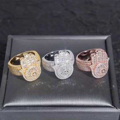 925 Sterling Silver Iced Out Hamsa Moissanite Ring