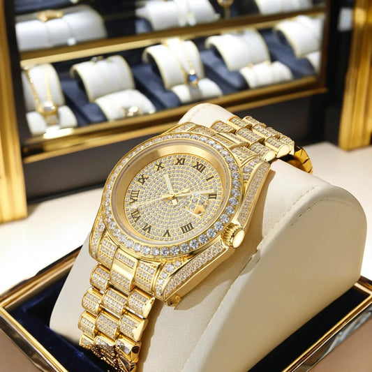 Luxury Moissanite Watch Dial Diameter 40 mm Strap Width 22 mm Men's Masonry Quartz Men's Stainless Steel Watch